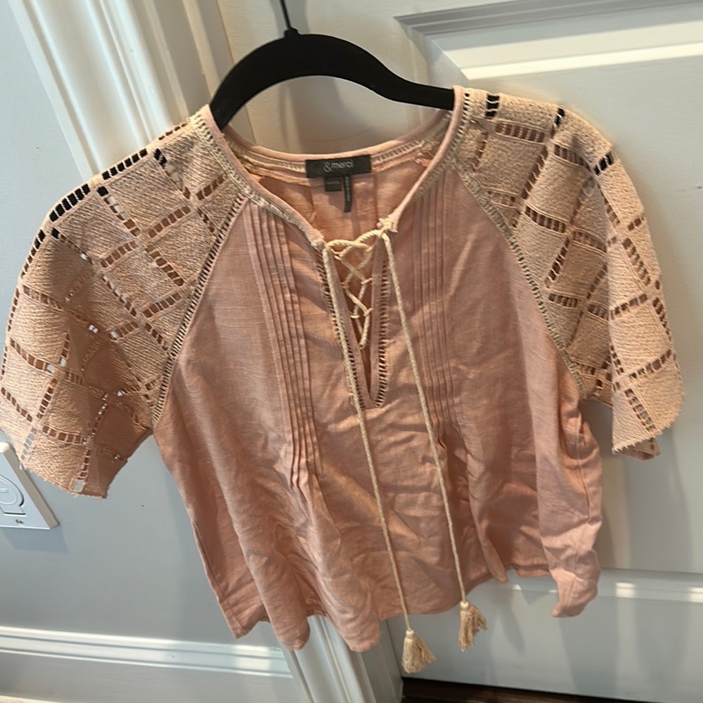 Anthropologie Pink and Gold Flutter Sleeve Crop Blouse
